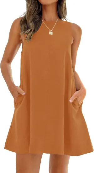 ZWRXW Cotton Linen Dresses for Women 2024 Summer Sleeveless Tunic Mini Dress Backless U Neck Sundress Flowy Beach Tank Dress